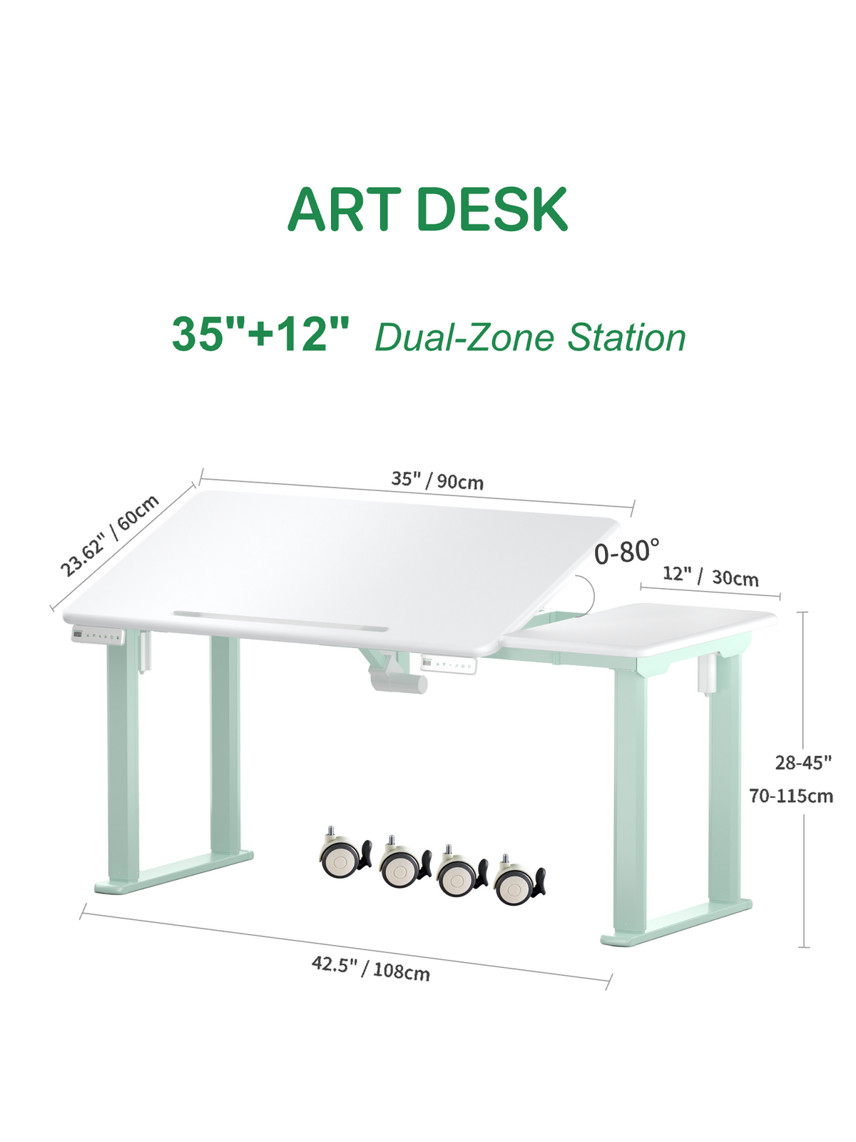 Nakupenda Art Desk 120 cm Powder-Coated White dimensions with four locking casters